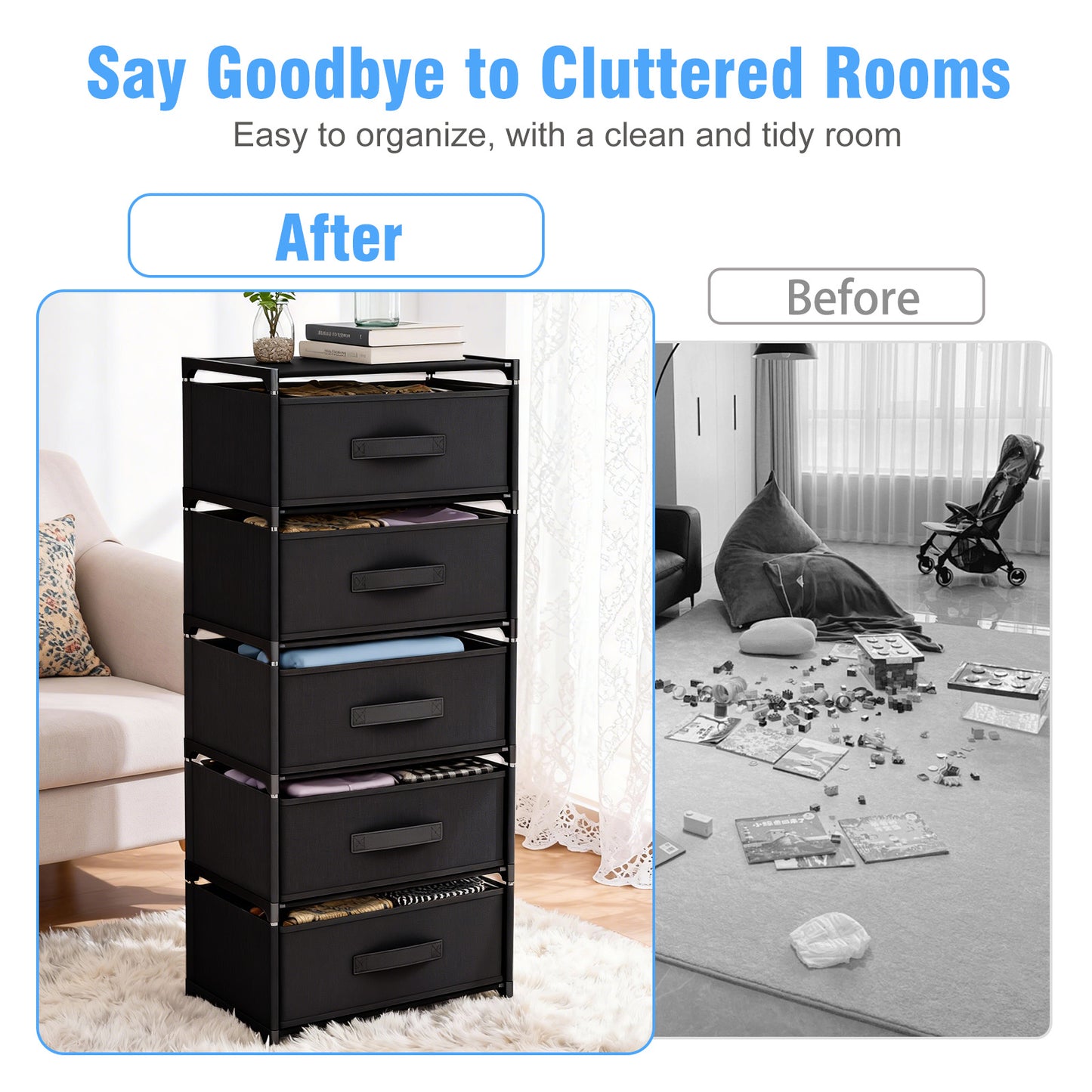 BAOKALER Fabric Dressers for Bedroom with 5 Drawers, Multifunctional Bedroom Storage Cabinet Drawers for Clothes, Small Dresser for Living Room, Hallway, Black
