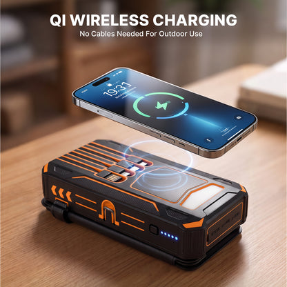 Solar Power Bank 46800mAh, PD15W Fast Charging Solar Charger with 4 Built-in Cables & Wireless Charging, Portable Solar Charger for Cell Phone, Solar Battery Pack for Camping (Orange)