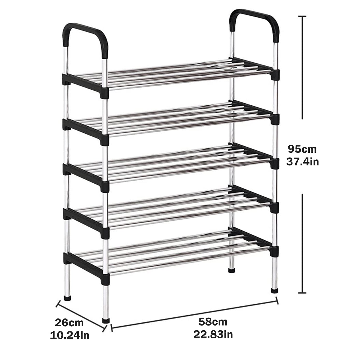 5-Tier Shoe Storage Organizer, Multifunctional Metal Shoe Rack for Entryway, Easy-to-Assemble, Silver and Black