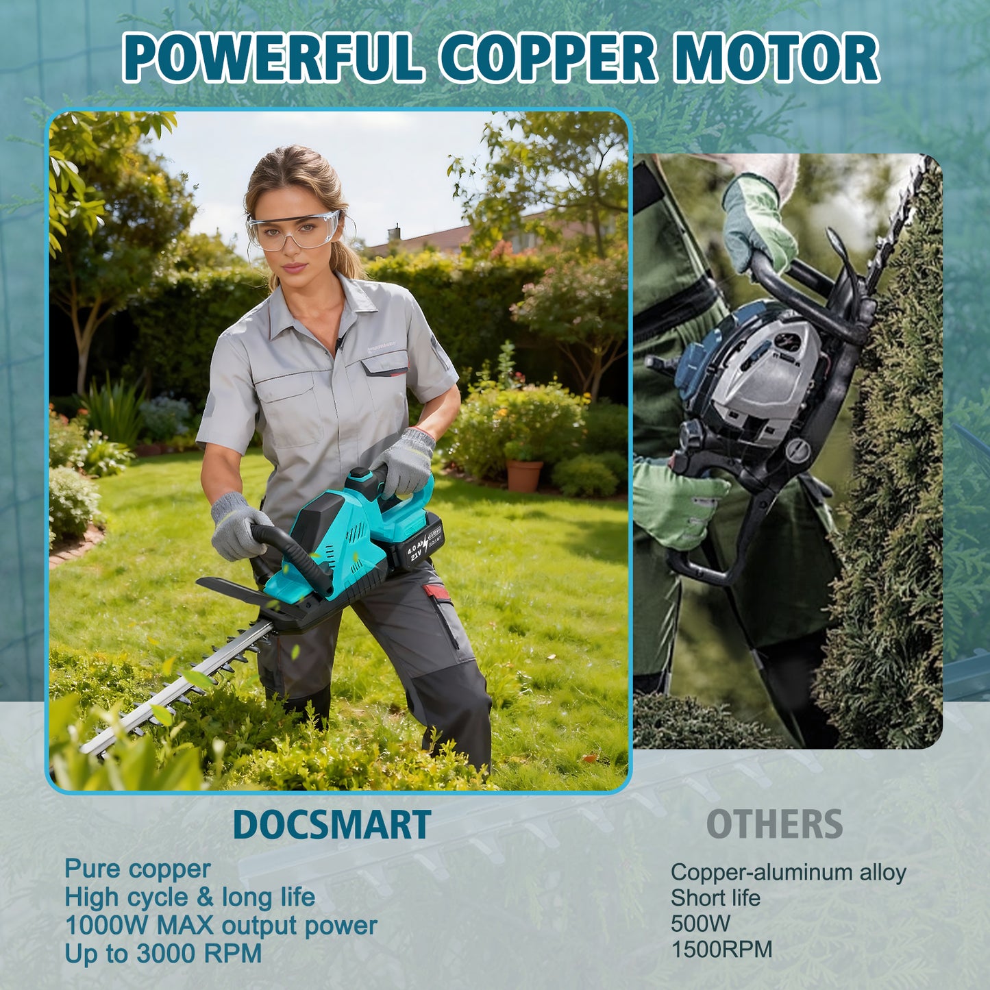 Baokaler 22" Cordless Hedge Trimmer, 21V Dual Action Blade Electric Bush Shrub Trimmer, 4.0Ah Battery & Charger, Blue