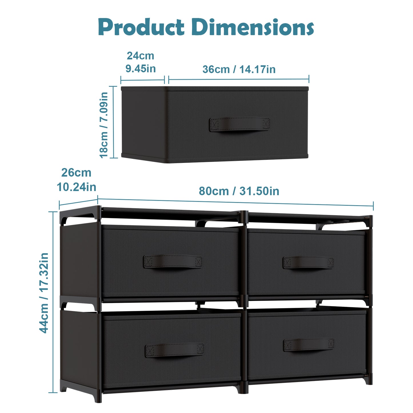 BAOKALER Double Row Non-Woven Fabric Dresser with 4 Drawers, Clothes Drawer Dresser for Bedroom, Hallway, Entryway, Closets, Sturdy Steel Frame, Wood Top, Black