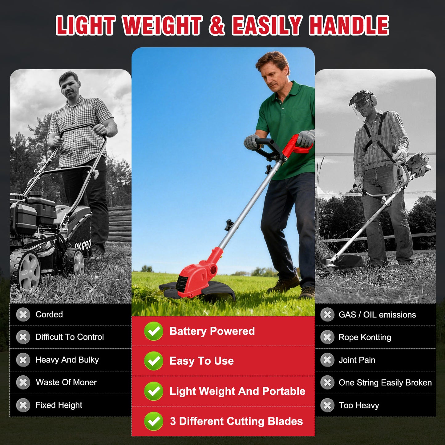 CATGOOD Cordless String Trimmer, 3AH Battery Powered Weed Trimmer with Fast Charger, Red