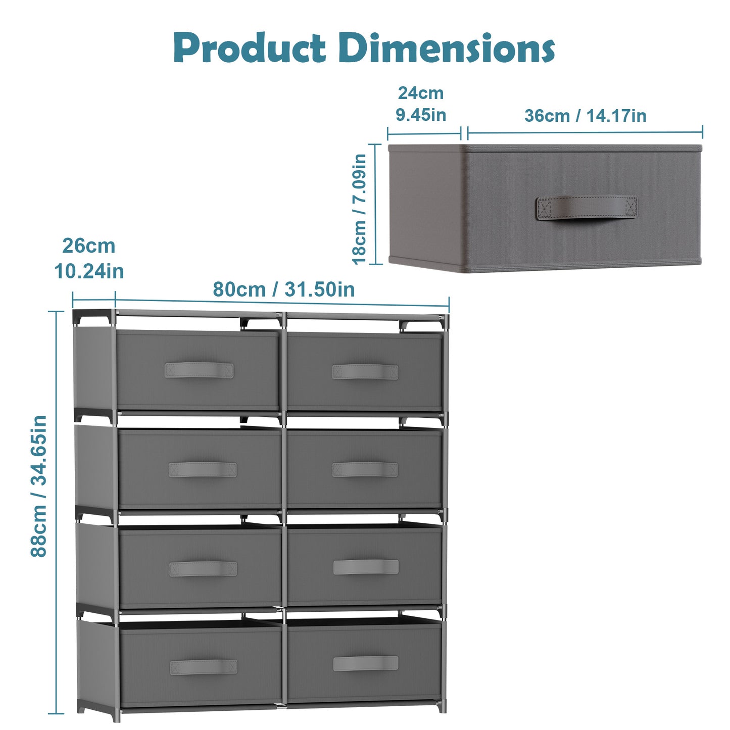 BAOKALER Clothes Drawer Dresser with 8 Drawers, Double Row Non-Woven Fabric Dresser for Bedroom, Hallway, Entryway, Closets, Sturdy Steel Frame, Wood Top, Gray
