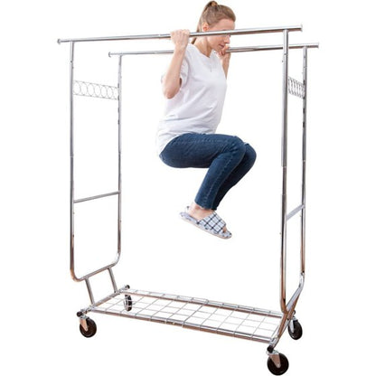 Baokaler 620 lbs Heavy Duty Garment Rack with Shelves Collapsible Clothing Racks on Wheels Rolling Clothes Rack for Hanging Clothes Portable Adjustable, Chrome Finish