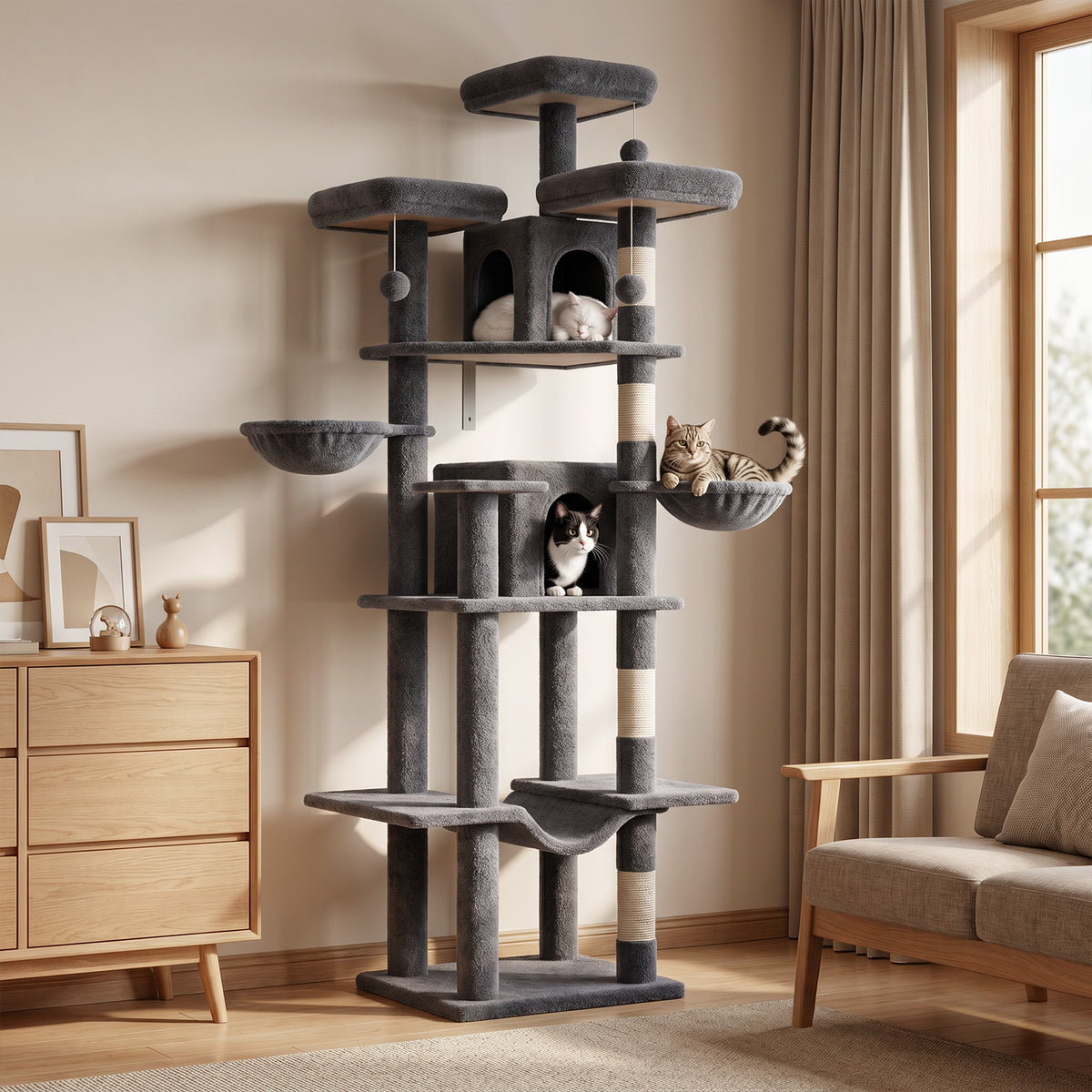 80" Cat Tree Tower, Big Cat Tower for Multiple Adult Cats, Multi-Level Tall Cat Tree with 3 Platforms, 2 Condos, 2 Hanging Basket, Hammock and Scratching Frame for Indoor Kitties, Dark Grey