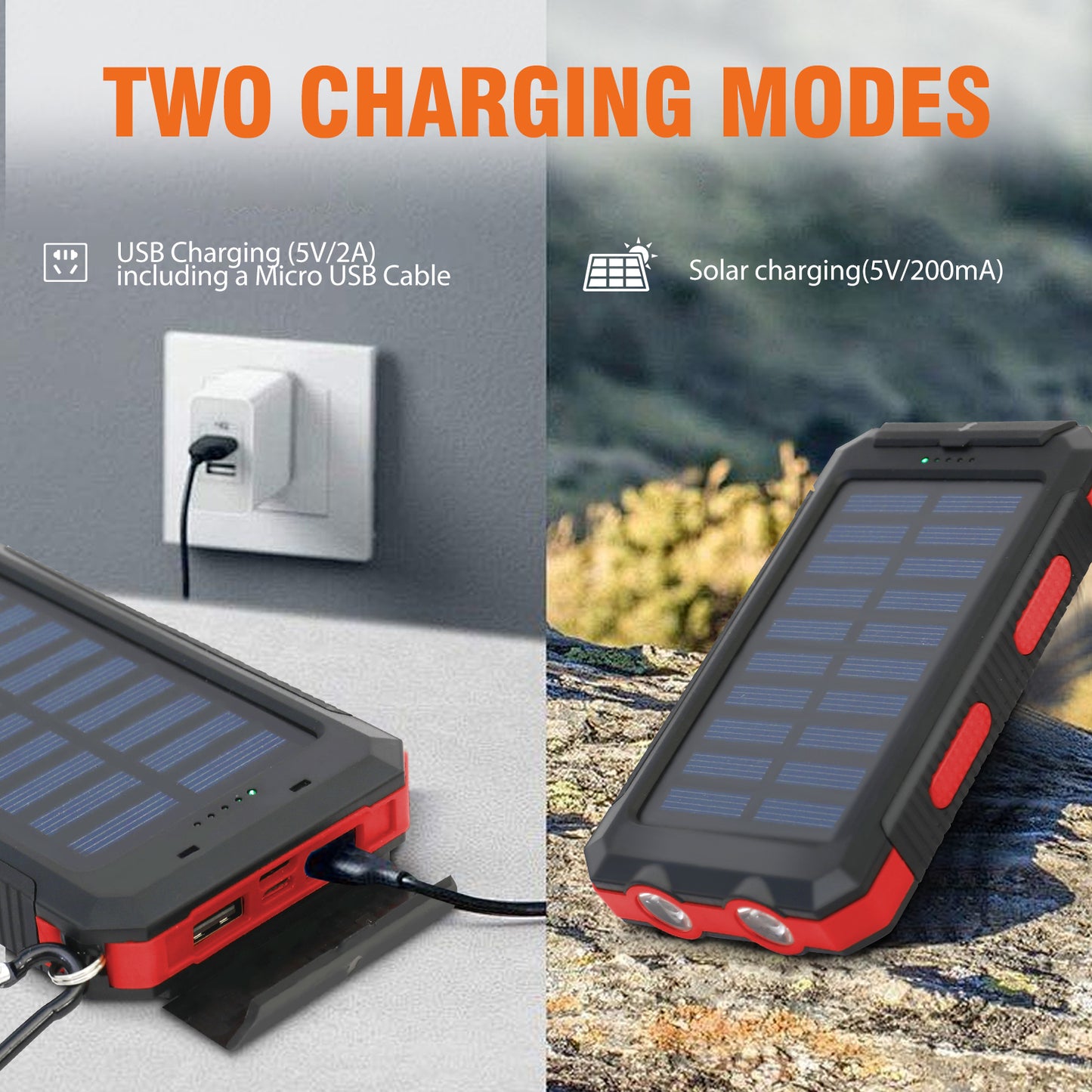BAOKALER Solar Power Bank, Portable Charger, 20000mAh Solar Charger with LED Flashlight, IP65 Waterproof External Backup Battery Pack Perfect for Camping, Outdoor Activities（Red-2PK）