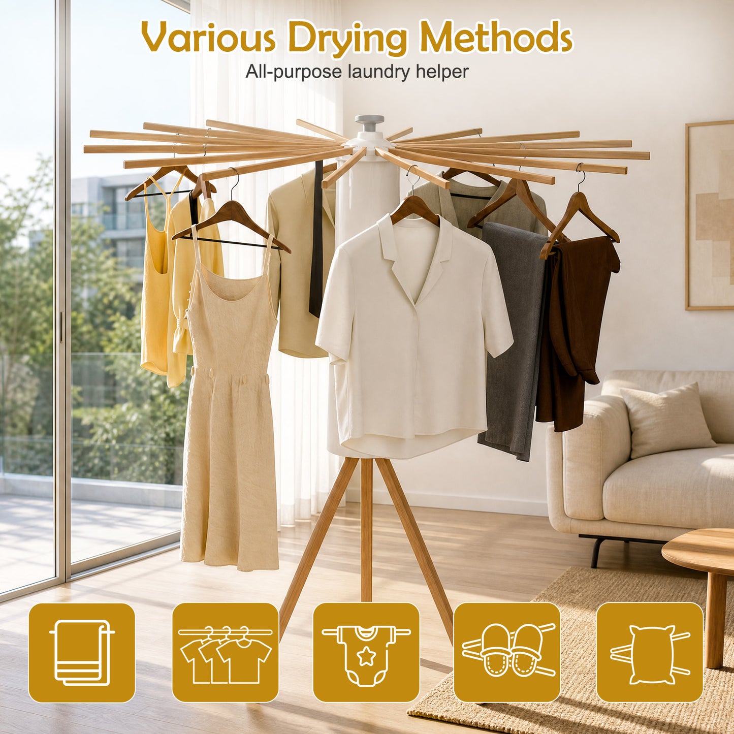 Clothes Drying Rack, Standing Tripod Laundry Drying Rack, Floor Standing Garment Clothes Dryer, Foldable Drying Racks for Laundry, White