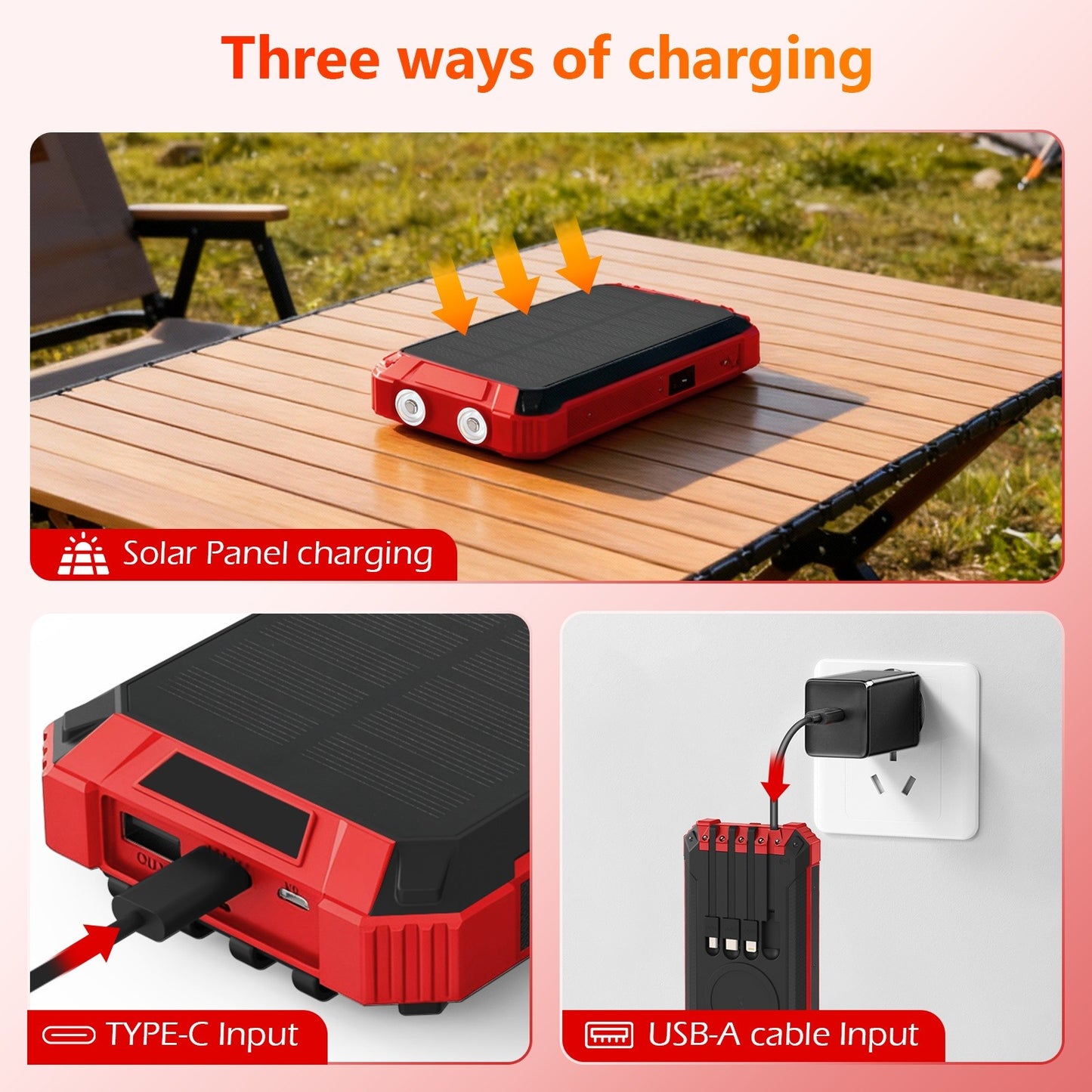 Power Bank Wireless Charger 46800mAh Built in 4 Cables Six Outputs 15W Fast Charging Power Bank for All Mobile Devices Three Inputs Solar Portable Charger with Dual Flashlights, Carabiner(Red)