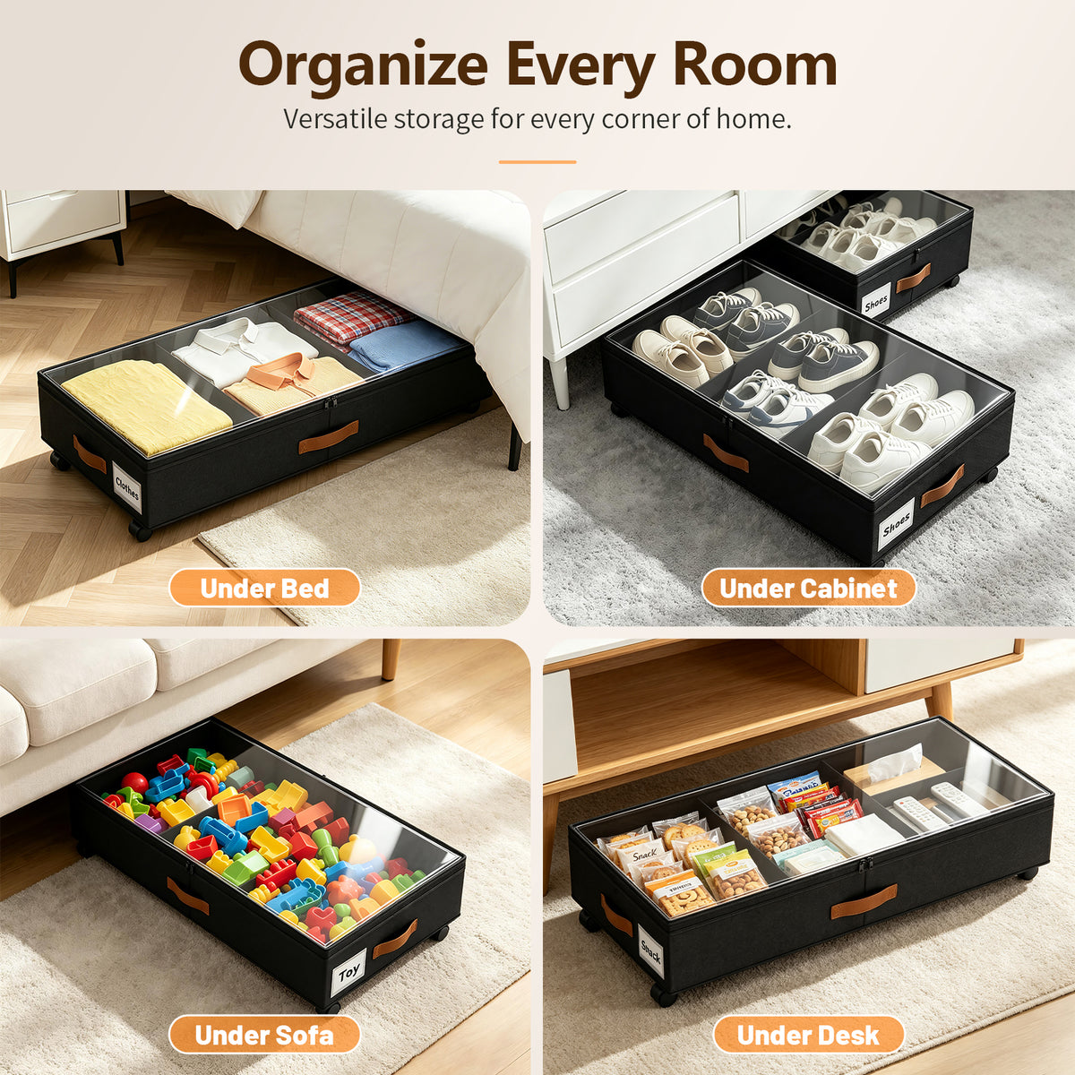 Under Bed Storage with Wheels, 2 Pack Under Bed Storage Containers with Compartments, Underbed Shoe Storage Organizer Bins, Rolling Drawers for Clothes, Blankets, Toys (Black)