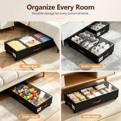 Under Bed Storage with Wheels, 2 Pack Under Bed Storage Containers with Compartments, Underbed Shoe Storage Organizer Bins, Rolling Drawers for Clothes, Blankets, Toys (Black)