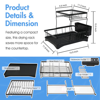 Dish Drying Rack for Kitchen Counter, Detachable Large Capacity Dish Drainer Organizer with Utensil Holder, 2-Tier Dish Drying Rack with Drain Board, Black