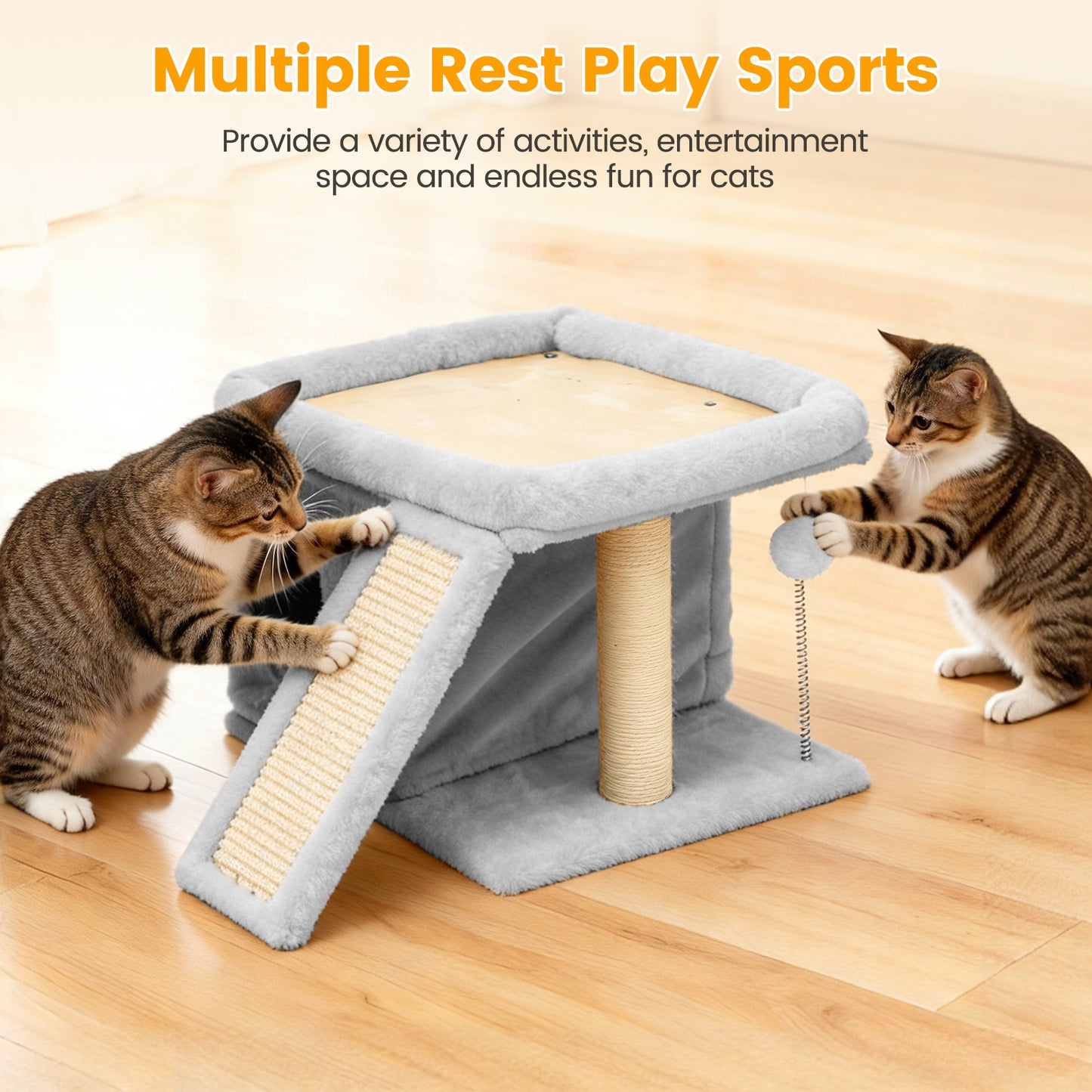 Cat Tree Tower with Perch Bed and Washable Top, Cat Tree with Sisal Scratching Posts, Condos, Plush Perches, Hanging Cat Toys, Extended Platform for Cats to Play and Sleep, Gray