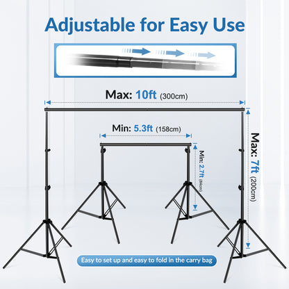 Backdrop Stand 10x7ft(WxH) Photo Studio Adjustable Background Stand Support Kit with 4 Backdrop Clamps, 2 Sandbags for Parties Events Decoration