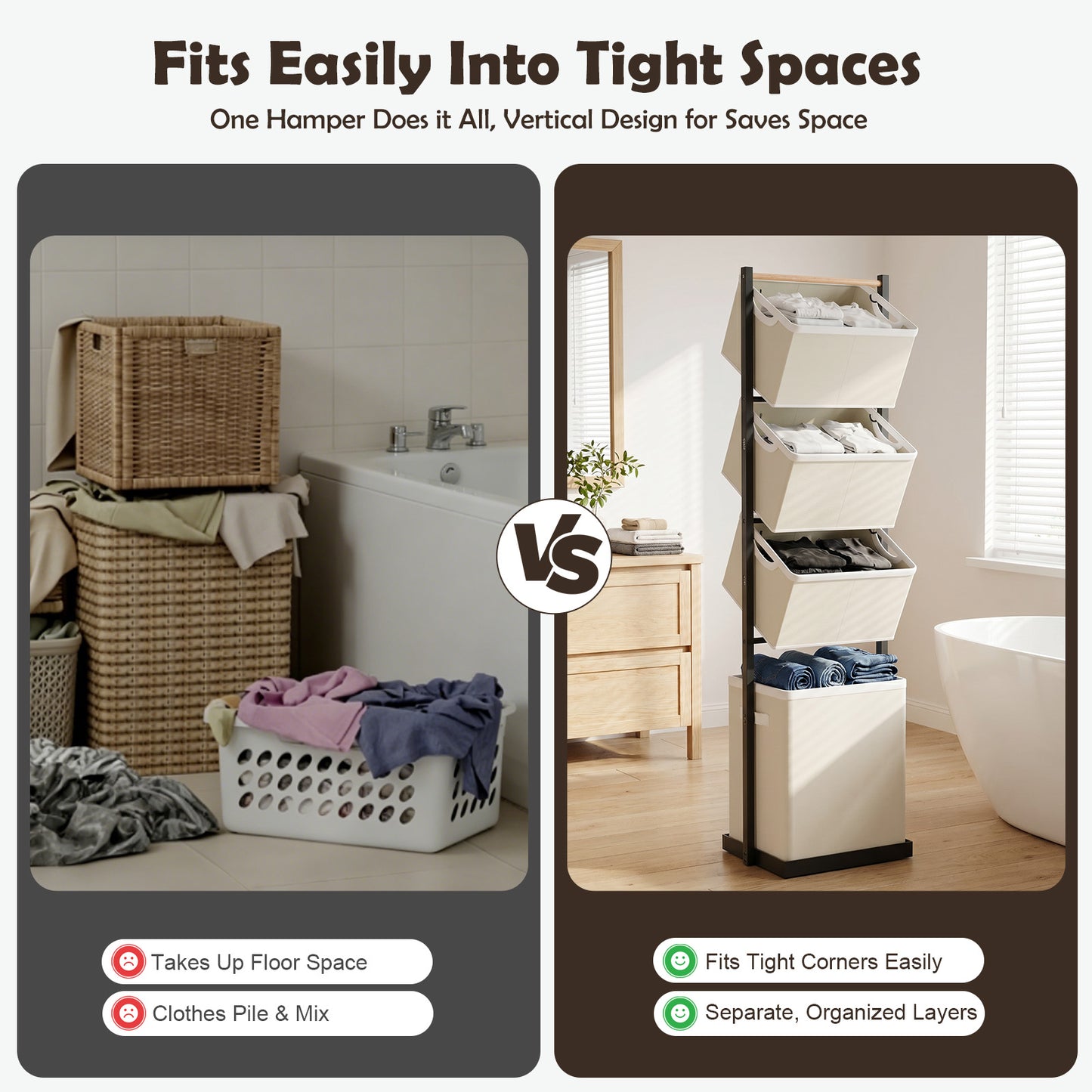 Laundry Hamper, Laundry Basket, 4 Tier Laundry Sorter, Metal Stackable Laundry Basket Organizer with Removable Basket and Removable Bags, 59"x12.6"x15.7" Clothes Organizer Basket, Beige