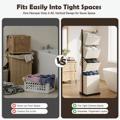 Laundry Hamper, Laundry Basket, 4 Tier Laundry Sorter, Metal Stackable Laundry Basket Organizer with Removable Basket and Removable Bags, 59"x12.6"x15.7" Clothes Organizer Basket, Beige