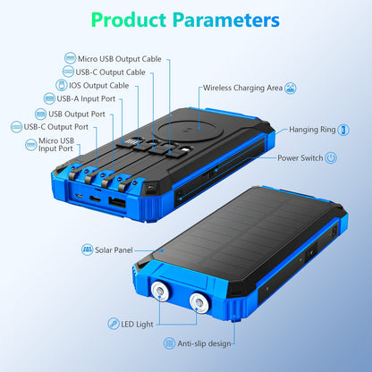 2PK Power Bank Wireless Charger 46800mAh Built in 4 Cables Six Outputs 15W Fast Charging Power Bank for All Mobile Devices Three Inputs Solar Portable Charger with Dual Flashlights, Carabiner(Blue)