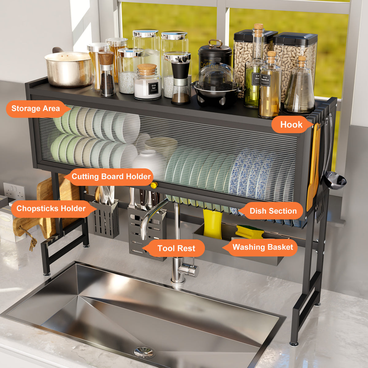 Dish Drying Rack, Large Stainless Steel Over The Sink 2 Tier Dish Rack with Cover for Kitchen (Black, Large 33.5" Length)