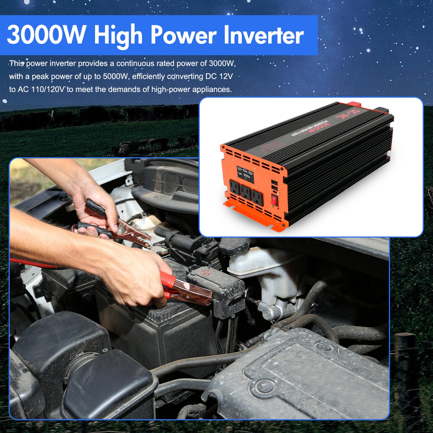 3000 Watt Power Inverter 12V DC to 110V/120V AC Converter Car Inverter with LCD Display