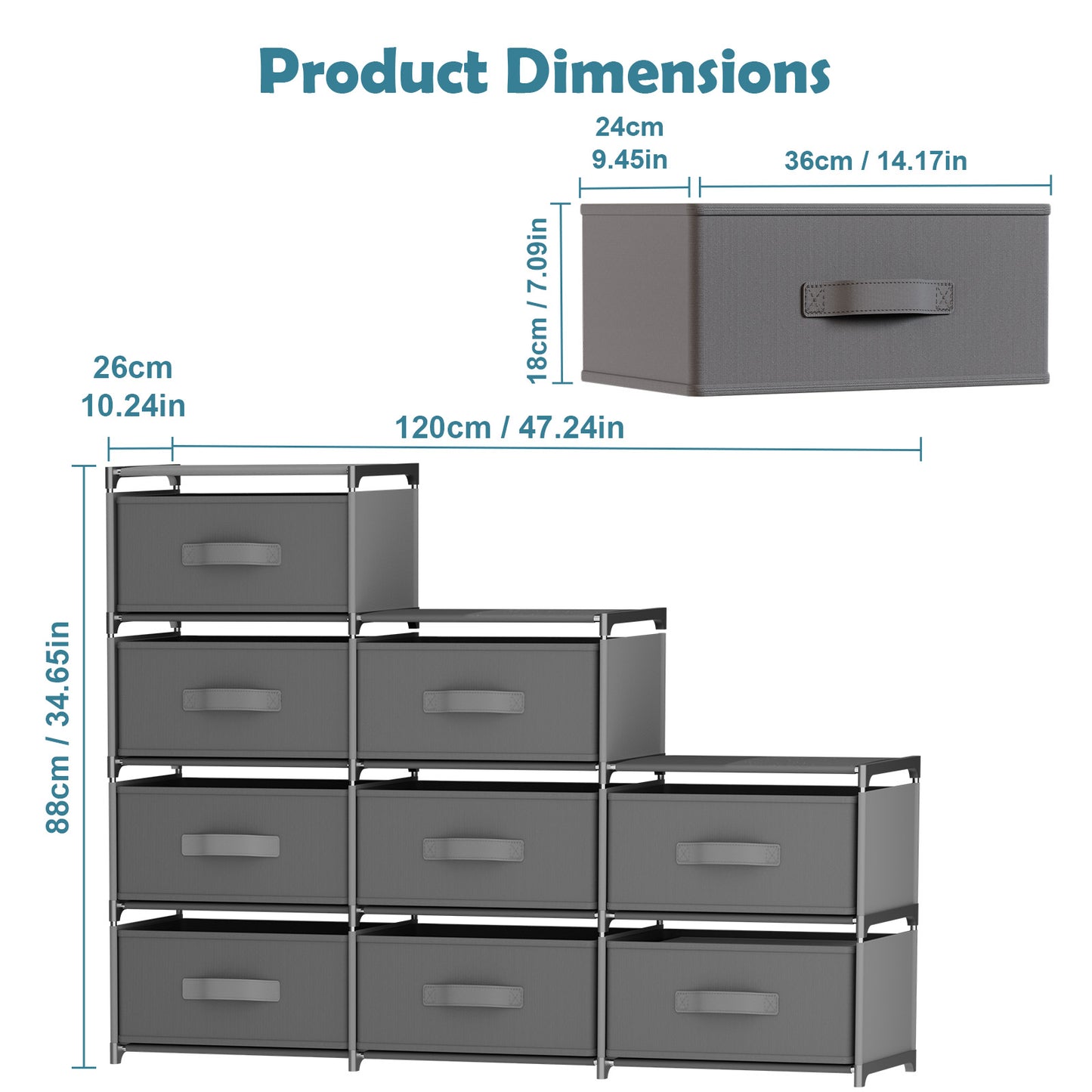 BAOKALER Non-Woven Fabric Multi-Functional Storage Cabinet, 9-Drawer Open Storage Shelf, 10.24×47.24×34.65 Inches, for Bedroom, Living Room, Hallway, Gray