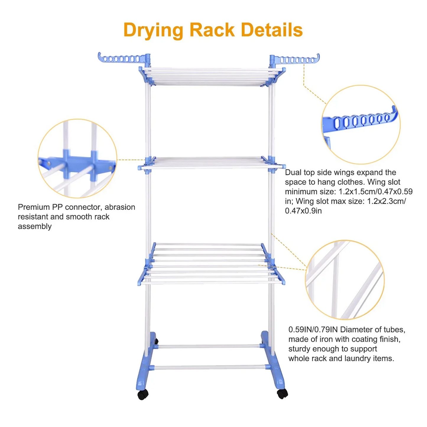 Clothes Drying Rack, 4-Tier Foldable Drying Rack for Clothes, Portable Laundry Rack with Wheels Indoor Outdoor Freestanding, Blue
