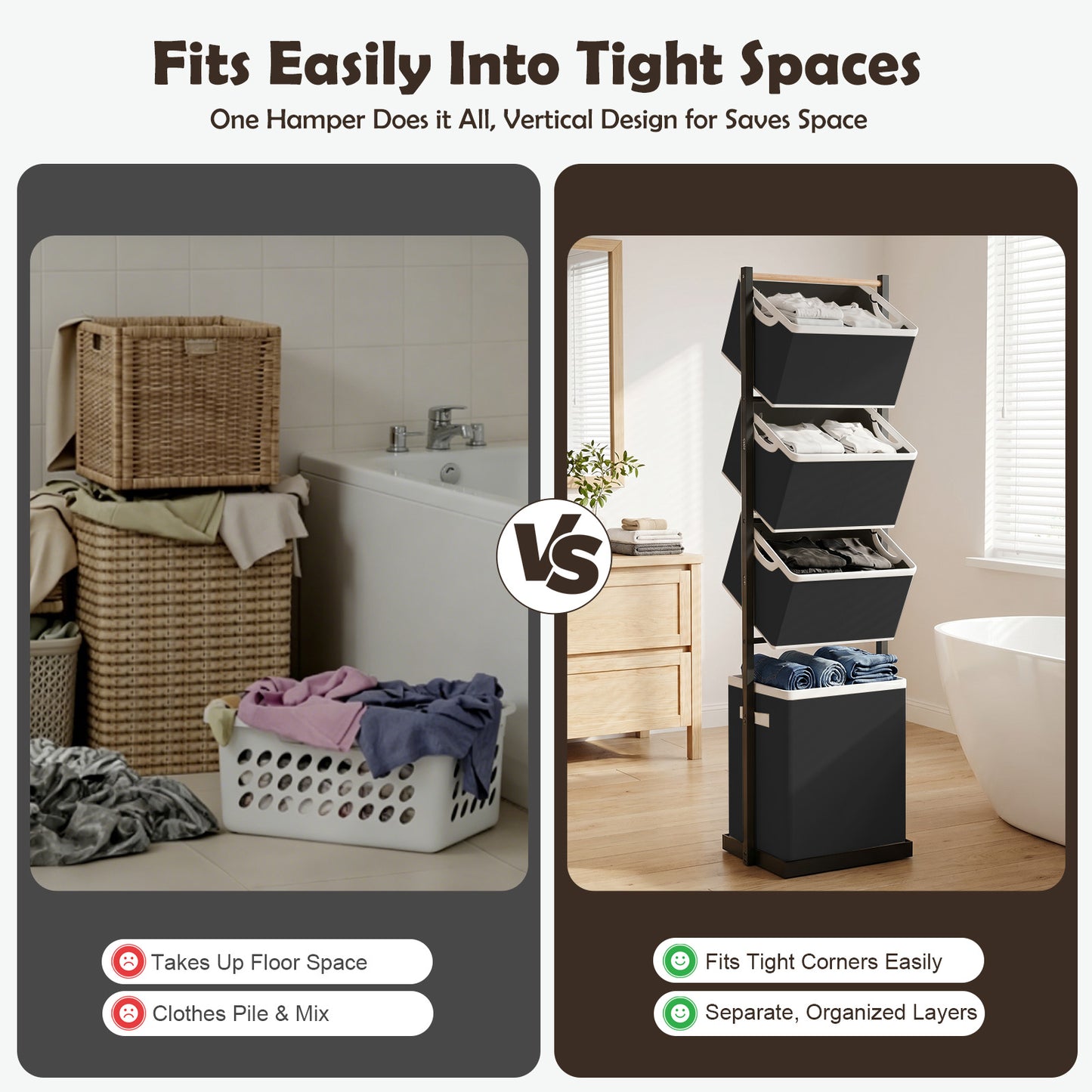 Laundry Hamper, Laundry Basket, 4 Tier Laundry Sorter, Metal Stackable Laundry Basket Organizer with Removable Basket and Removable Bags, 59"x12.6"x15.7" Clothes Organizer Basket, Black