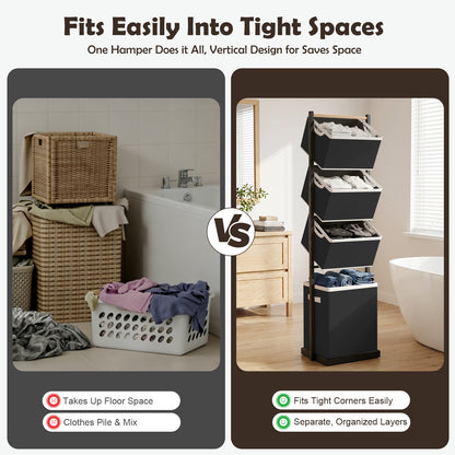 Laundry Hamper, Laundry Basket, 4 Tier Laundry Sorter, Metal Stackable Laundry Basket Organizer with Removable Basket and Removable Bags, 59"x12.6"x15.7" Clothes Organizer Basket, Black