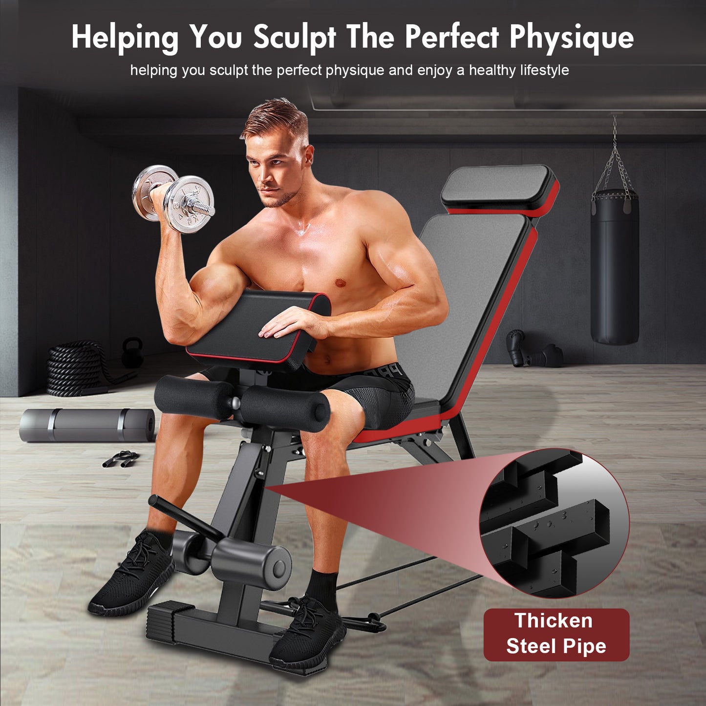 Weight Bench with Extended Headrest and Leg Extension, 7 Levels Adjustable and Foldable Workout Bench, 770 lbs, Incline & Decline Models Dumbbell Bench for Body Strength Training