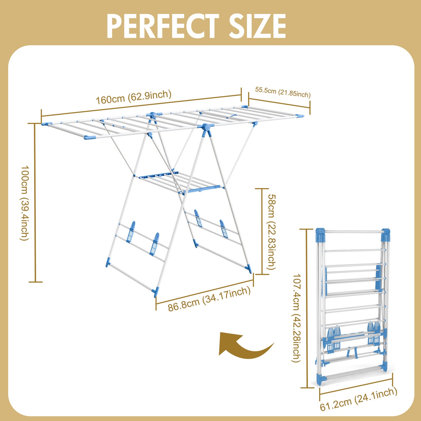 Clothes Drying Rack, 2 Level Foldable Laundry Rack, Rustproof Laundry Clothing Drying Hanger with Height-Adjustable Wings, Space Saving Clothes Garment Dryer, Blue