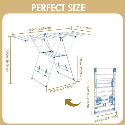Clothes Drying Rack, 2 Level Foldable Laundry Rack, Rustproof Laundry Clothing Drying Hanger with Height-Adjustable Wings, Space Saving Clothes Garment Dryer, Blue
