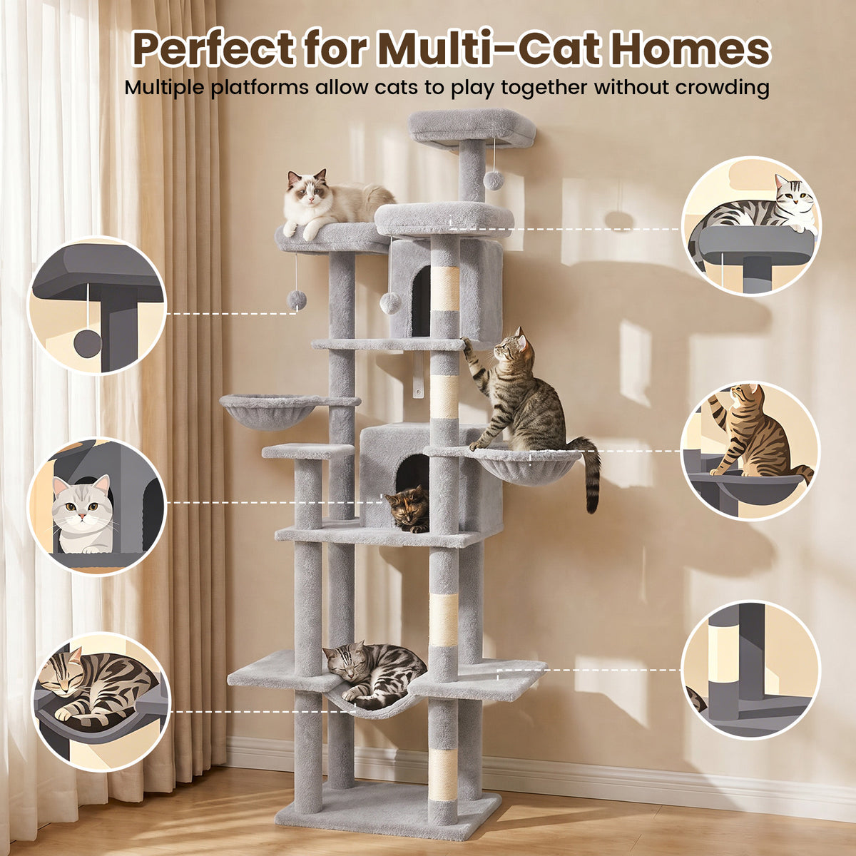 80" Cat Tree, Big Cat Tower for Multiple Adult Cats, Multi-Level Tall Cat Tree with 3 Platforms, 2 Condos, 2 Hanging Basket, Hammock and Scratching Frame for Indoor Kitties, Light Gray