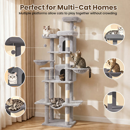 80" Cat Tree, Big Cat Tower for Multiple Adult Cats, Multi-Level Tall Cat Tree with 3 Platforms, 2 Condos, 2 Hanging Basket, Hammock and Scratching Frame for Indoor Kitties, Light Gray