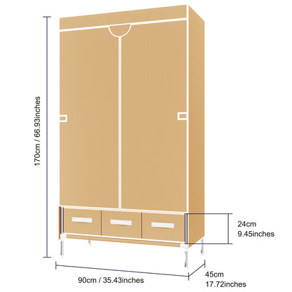 Non-Woven Fabric Closet Organizer for Coats and Bags, Portable Wardrobe Closet Includes 3 Storage Drawers for Home Bedroom, Sturdy & Easy to Assemble, Light Coffee
