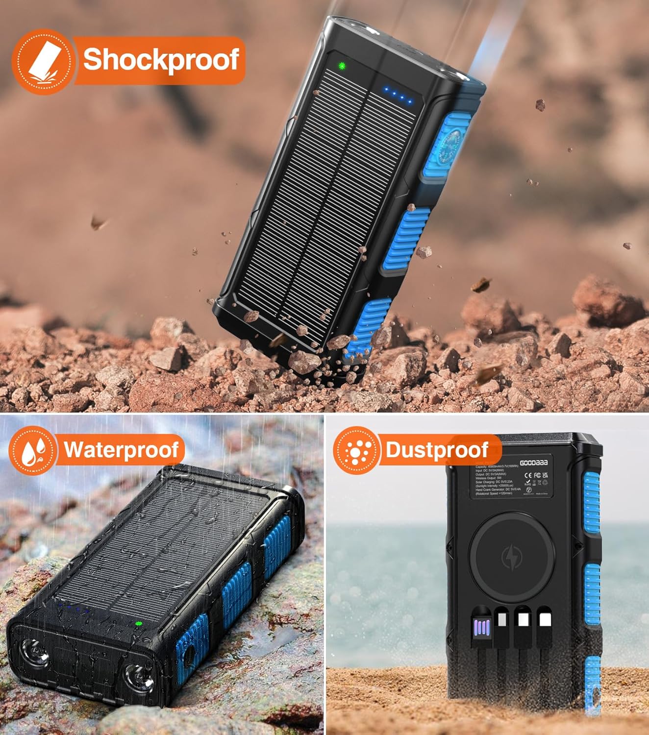 Power Bank Wireless Charger 68800mAh Built in Hand Crank and 4 Cables 15W Fast Charging Power Bank 7 Outputs & 4 Inputs Solar Portable Charger, SOS/Strobe/Strong Flashlights, Compass(Blue)