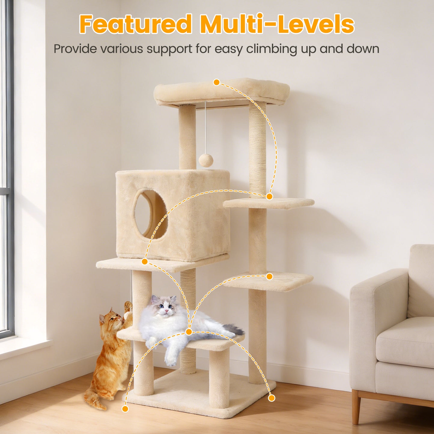 Sturdy 40-inch Cat Tree Tower with Cat Cave & Ramp Steps - Multi-Level Play & Sleep Center for Large Indoor Cats, Beige