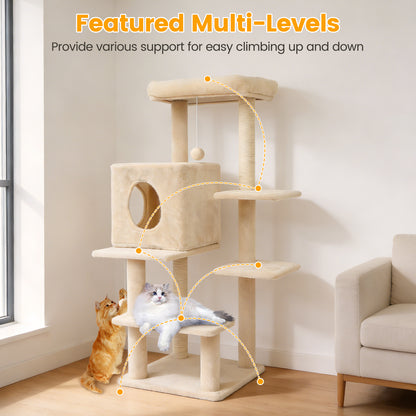 Sturdy 40-inch Cat Tree Tower with Cat Cave & Ramp Steps - Multi-Level Play & Sleep Center for Large Indoor Cats, Beige
