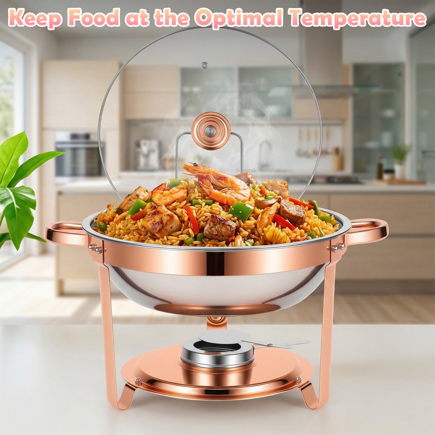 Chafing Dishes Buffet Set, 2 Pack 5.3QT Round Stainless Steel Chafer Set with Stands, Lids & Fuel Holders, Food Warmers for Parties, Catering Events, Weddings (Bright Pink Rose Gold Accents)