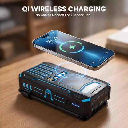 Solar Power Bank 46800mAh, PD15W Fast Charging Solar Charger with 4 Built-in Cables & Wireless Charging, Portable Solar Charger for Cell Phone, Solar Battery Pack for Camping (Blue)