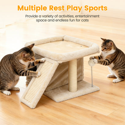Cat Tree Tower with Perch Bed and Washable Top, Cat Tree with Sisal Scratching Posts, Condos, Plush Perches, Hanging Cat Toys, Extended Platform for Cats to Play and Sleep, Beige