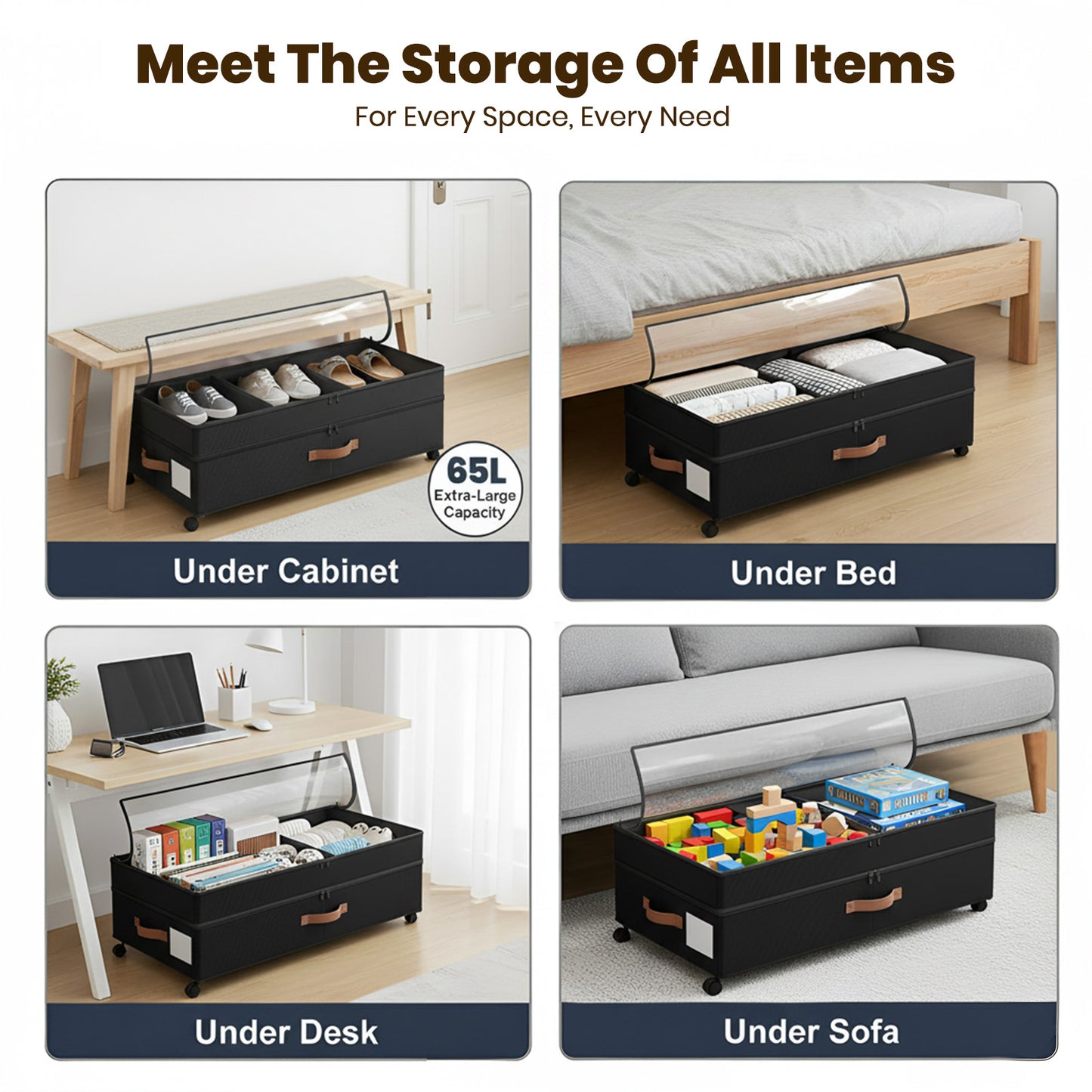 Under Bed Storage with Wheels 2-Pack, 65L XXL Under the Bed Storage Containers Large, 12" Tall Adjustable Storage for Underbed with Lids, Rolling for Shoes, Clothes, Blankets (Black)