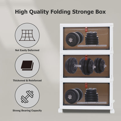 2 Pack 70Qt Plastic Storage Bins with Lids, 3 Tier Stackable Storage Bins, Foldable Storage Containers with Lids, 3-Layer Storage Bins with wheels for Home Office Bedroom Kitchen, White