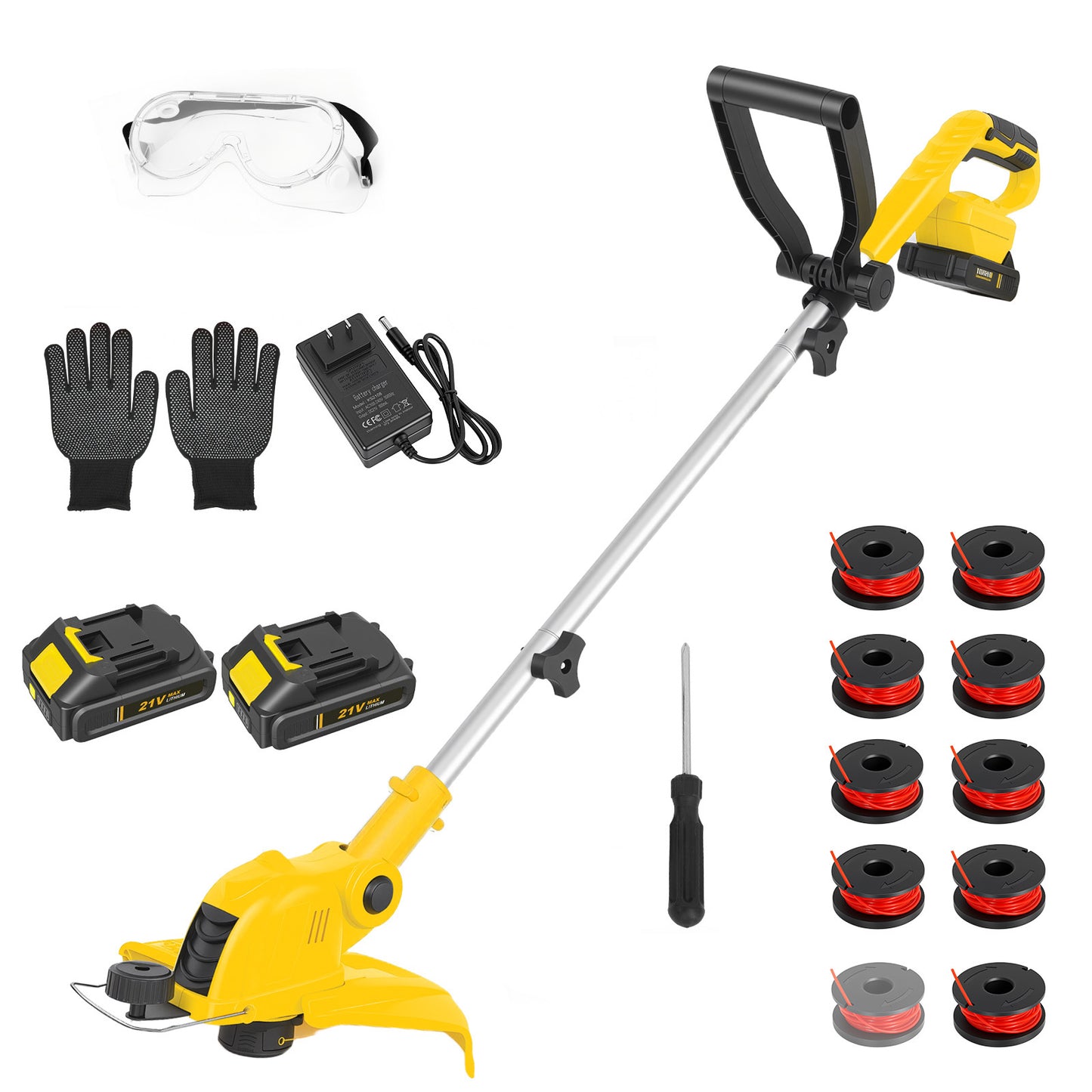 CATGOOD 21V Weed Eater Cordless, 3AH Electric Weed Wacker with 10 Pcs Lines, 3-in-1 Lawn Edger with Auto Line Feed, Foldable String Trimmer with Fast Charger, Yellow