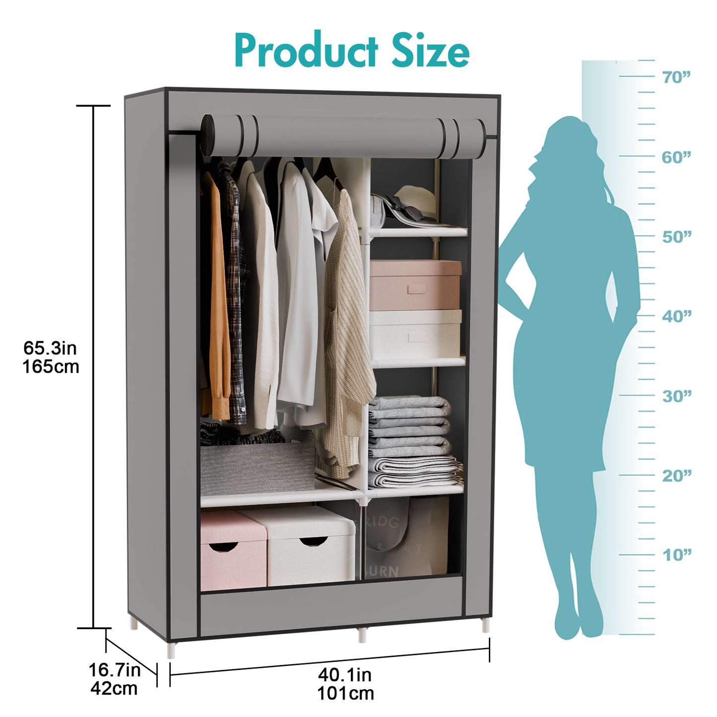BAOKALER Portable Closet Clothes Garment Rack, Wardrobe Organizer with 6 Shelves & 1 Hanging Rod, 4 Side Pockets for Bedroom, Living Room, Cloakroom, Dorm, Apartment, Gray