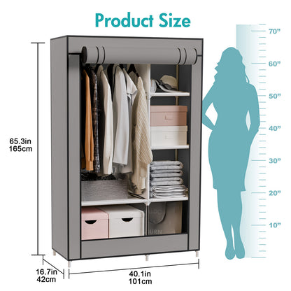 BAOKALER Portable Closet Clothes Garment Rack, Wardrobe Organizer with 6 Shelves & 1 Hanging Rod, 4 Side Pockets for Bedroom, Living Room, Cloakroom, Dorm, Apartment, Gray