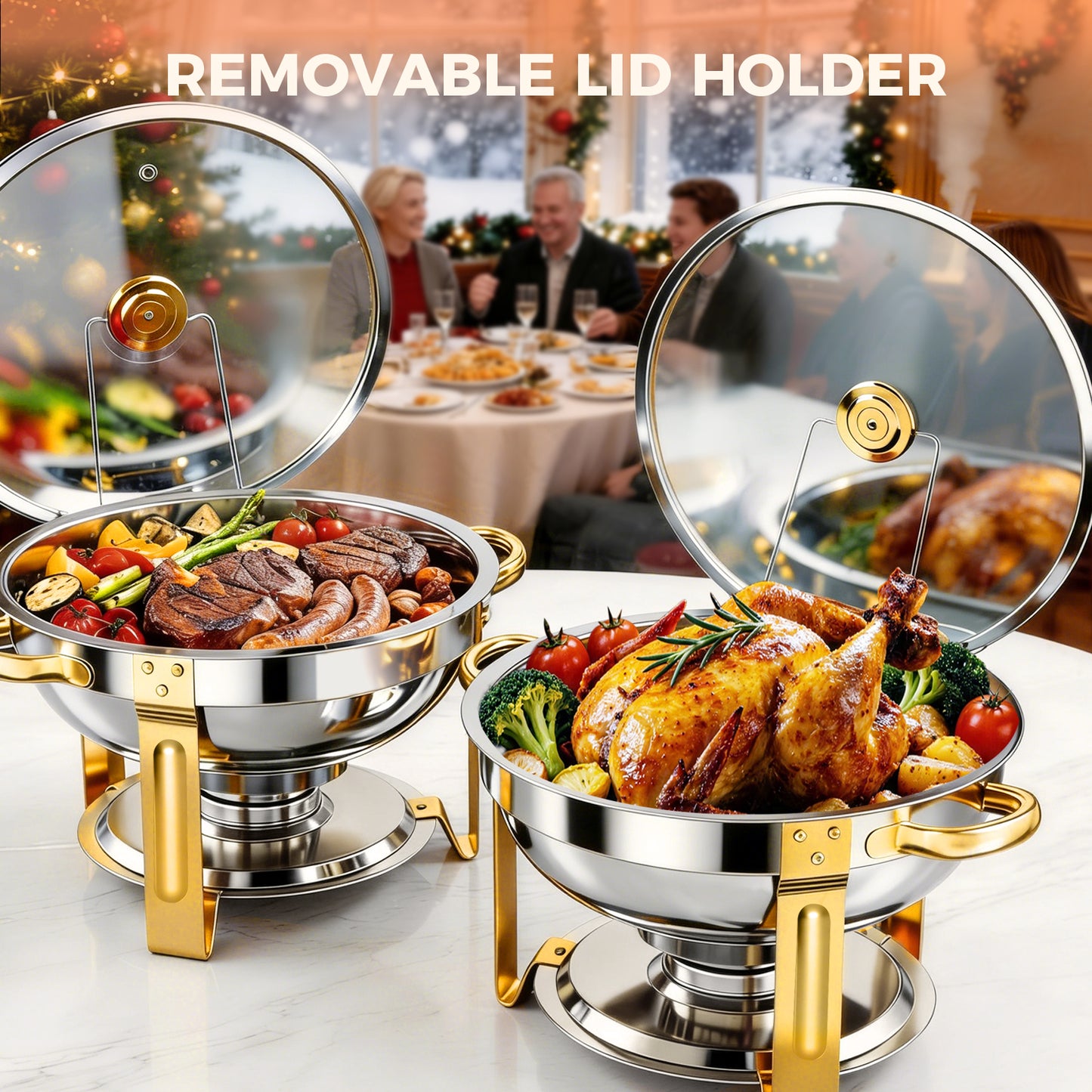 CATGOOD Chafing Dishes for Buffet 4 Pack, 5.3QT Round Chafing Dish Buffet Set for Parties, Gold Stainless Steel Buffet Servers and Warmers with 4 Serving Tongs