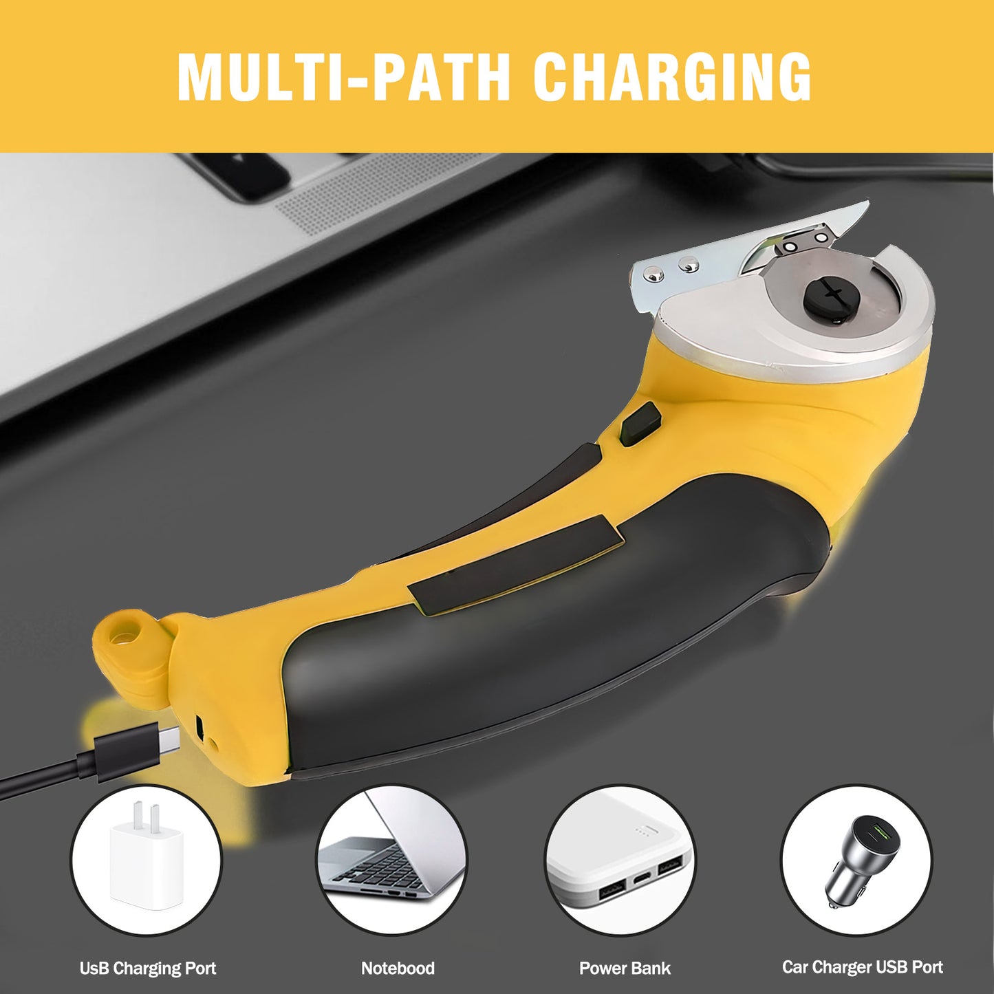 Cordless Electric Scissors, Cardboard Cutter, Rechargeable Powerful 4V Scissor Cutting Tool for Cardboard, Fabric, Leather, Yellow