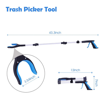 43 inch Extra Long Grabber Reaching Tool,Foldable Pick up Stick with Strong Grip Magnetic,360°Rotating Anti-Slip Jaw,Trash Claw Reacher Grabber Tool,Trash Picker Tool (Blue)