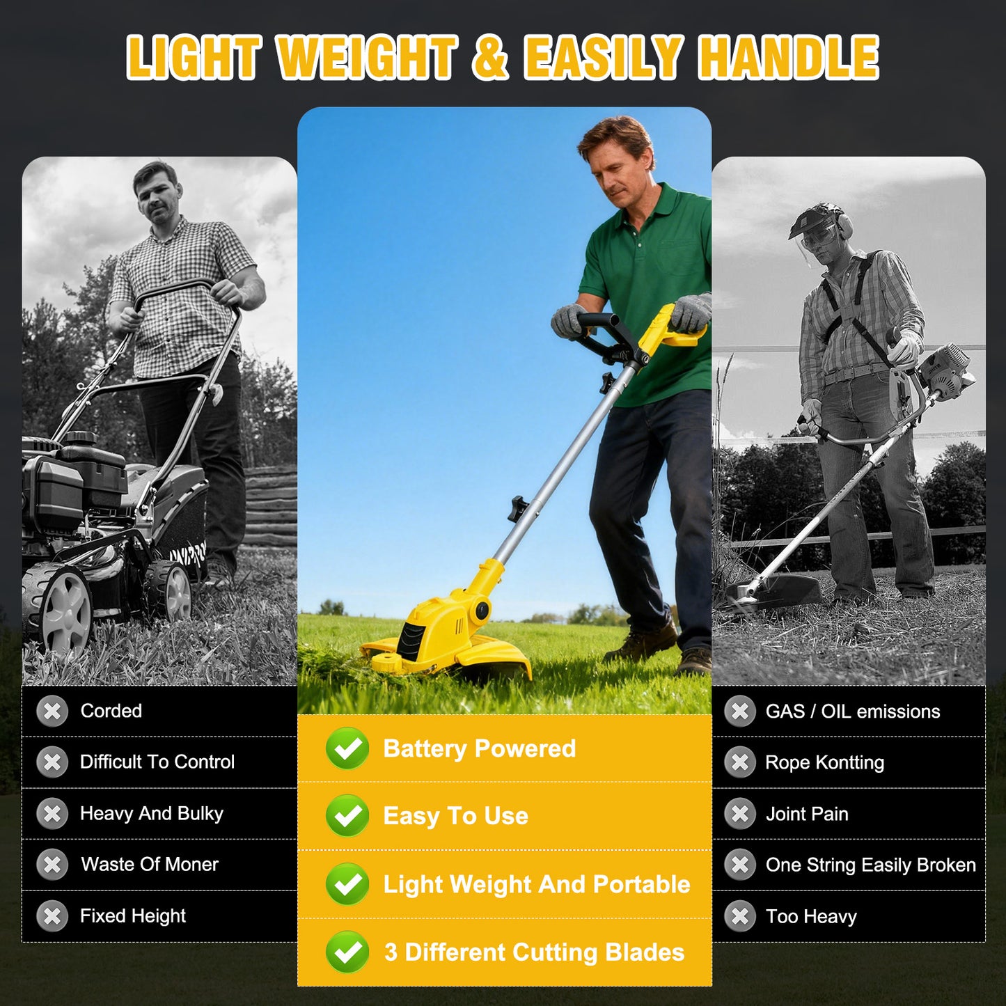 CATGOOD Cordless String Trimmer, 4AH Battery Powered Weed Trimmer with Fast Charger, Yellow