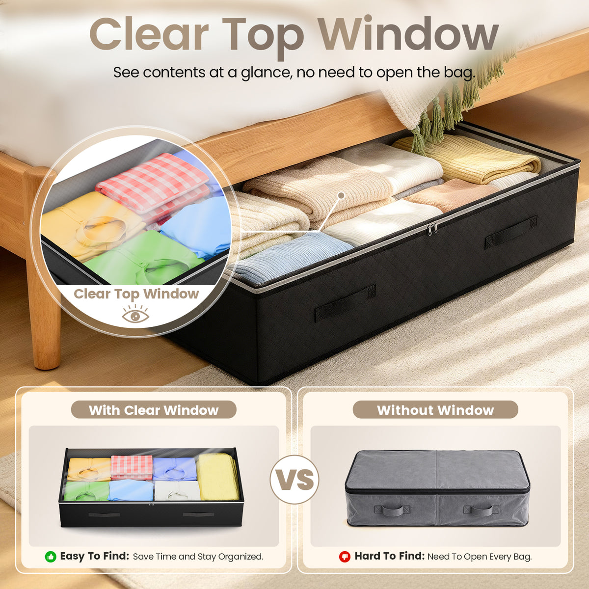 90L Under Bed Storage Containers, Foldable Underbed Storage Bags with Clear Window & Reinforced Handles for Blankets, Clothes, Gray 6PK