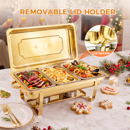 Gold Chafing Dish Buffet Set 1 Pack, 9QT Rectangular Chafing Dishes for Buffet, 3-Compartment Party Food Warmer with Lid & Foldable Frame for Catering Events, Banquets