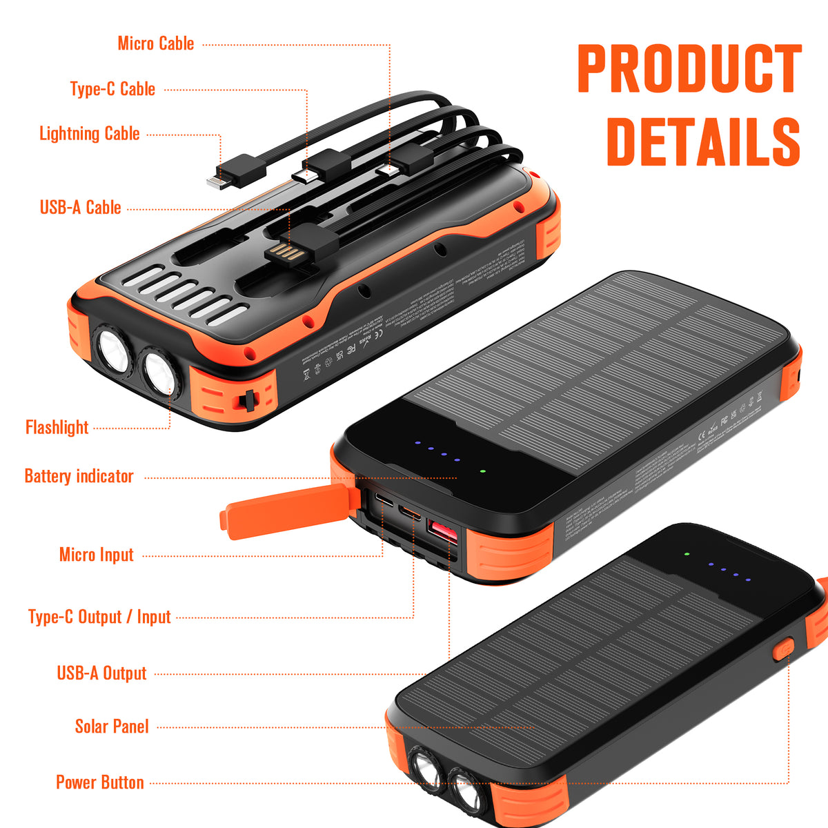 40000mAh Solar Power Bank Orange, Portable Charger 20W PD Fast Charging, Solar Charger Power Bank W/4 Built-in Cables & 9 Charging Ways, Waterproof Dual LED Flashlights for Camping Hiking